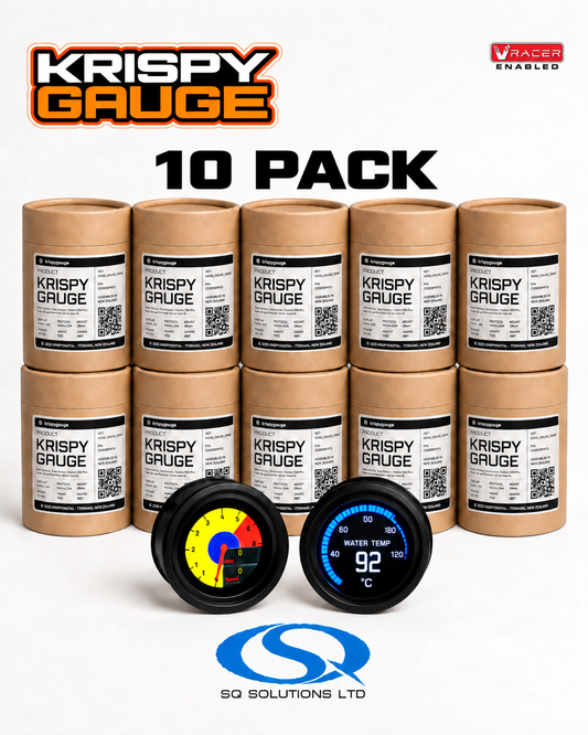 Krispy Gauge 10 pack, yellow RPM and blue water temperature gauges, small VRacer Enabled badge