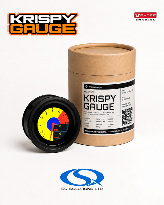 Krispy Gauge 52mm CAN gauge and packaging with small VRacer Enabled badge and SQ Solutions branding